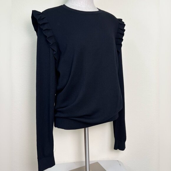 ANN TAYLOR Black Long Sleeve Ruffle Shoulder Sweater Top Size Large - Picture 2 of 8
